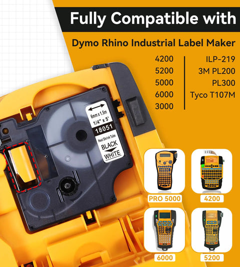 Tough As Nails Heat Shrink Tube Labels For Wires And Cables Quarter Inch shown in Dymo Rhino Label Maker compatibility chart.