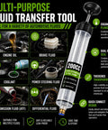 Heavy Duty Manual Fluid Extractor Pump Featuring Two Flexible Hoses for Rapid Engine Oil Brake Fluid and Coolant Transfer in use with engine fluid.