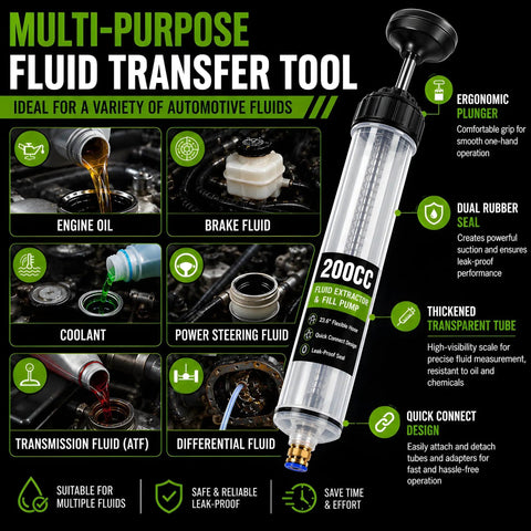 Heavy Duty Manual Fluid Extractor Pump Featuring Two Flexible Hoses for Rapid Engine Oil Brake Fluid and Coolant Transfer in use with engine fluid.