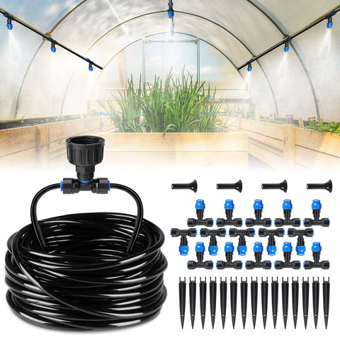 Easy To Use 59-Ft Greenhouse Misting And Drip Irrigation Kit with 1/4-Inch Tubing, quick connect, sprinkler heads, and detachable parts