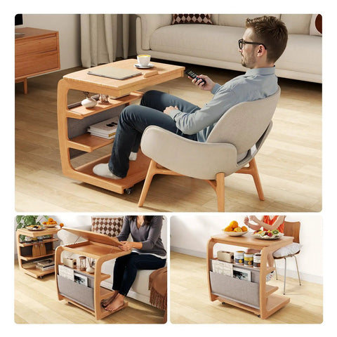 C Shaped Rolling Side Table With Wheels Solid Wood 4-In-1 Adjustable Desktop Compact Under Sofa Or Bed Perfect Small Rolling Desk