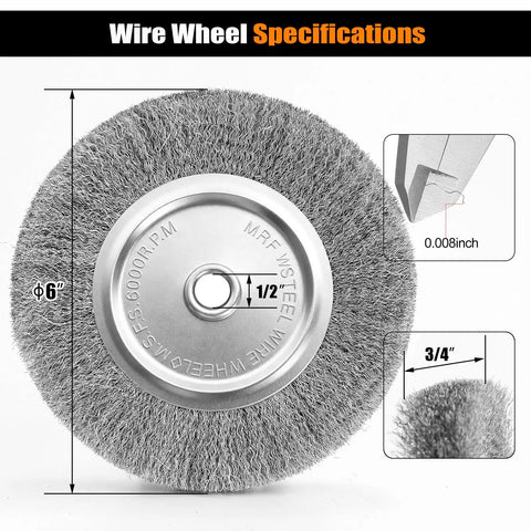 Heavy Duty Six Inch Sixty Grit Silicon Carbide Grinding Wheel Paired With Hardcore Carbon Steel Wire Brush Set For Bench Grinders With Half Inch Spindle, showing wire brush specifications and dimensions.