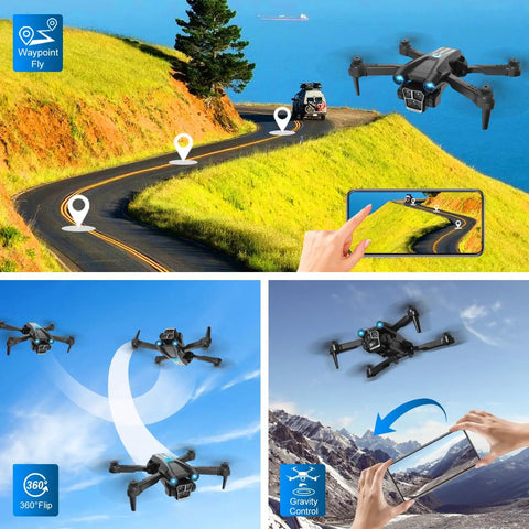 1080P HD Camera Mini Drone for Beginners and Adults with gravity control hovering over scenic landscape with two batteries and carrying case