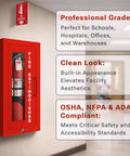 Red semi recessed fire extinguisher cabinet wall-mounted in hallway, 2.5 inches projection, ADA-friendly, holds 5-10 lb extinguishers.