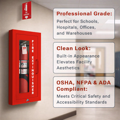 Red semi recessed fire extinguisher cabinet wall-mounted in hallway, 2.5 inches projection, ADA-friendly, holds 5-10 lb extinguishers.