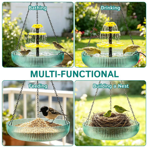 3 Tier Hanging Solar Bird Bath Fountain With Cascading Water Feature and 16.4 Foot Cord, used by birds for bathing and nesting