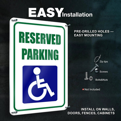 Reserved Handicap Parking Signs 8x12 Inches Reflective Aluminum 2 Pack for pre-drilled easy mounting on walls, doors, fences, cabinets