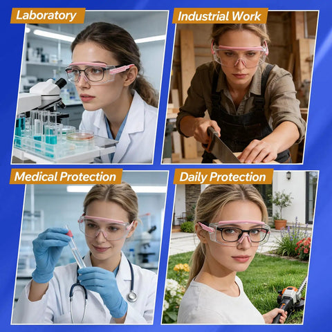 Four women wearing 2 Pack Over Eyeglasses Safety Glasses With Anti Fog Coating, 100 Percent UV Shield, in lab, industrial, medical, and daily settings.