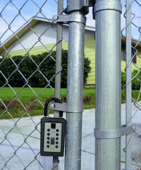 AccessPoint 001166 KeySafe 3 Key Portable Push Button Key Safe Box Titanium Gray attached to metal fence for security