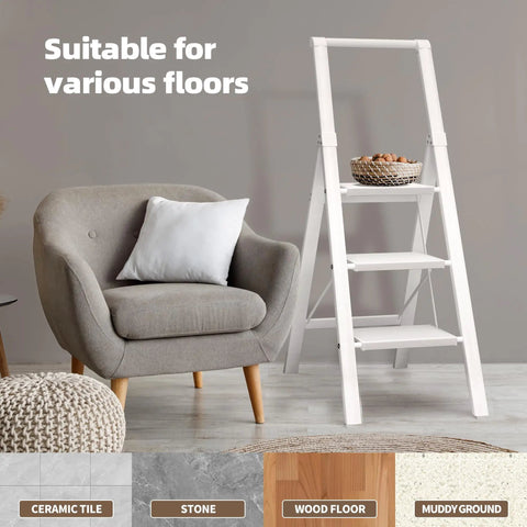 Aluminum 3 Step Foldable Ladder With U Shaped Handgrip Lightweight Home Utility Stool For Kitchen Garage Garden Indoor Outdoor Use Reach High Shelves And Cabinets, white, for various floors