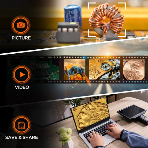 Autofocus 4K HDMI Digital Microscope With 10.1 Inch EM4K AF Flex Arm Display AI Auto Focus Real Time Refocus For Precision Inspection In Labs Classrooms And Hobbyist Setups showing PCB, coin, and laptop output