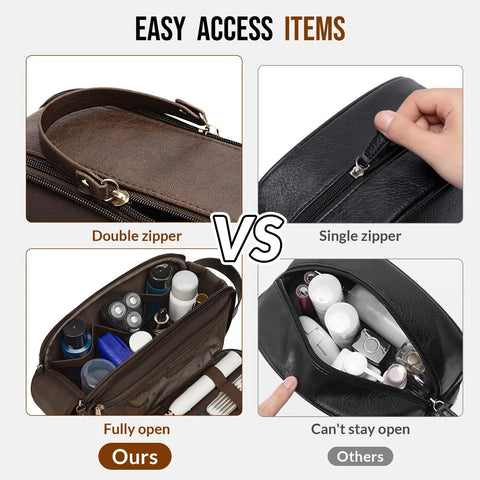 Comparison of zipper styles in Top Tier PU Leather Toiletry Bag For Men In Dark Brown With Roomy Pockets, showcasing easy access.