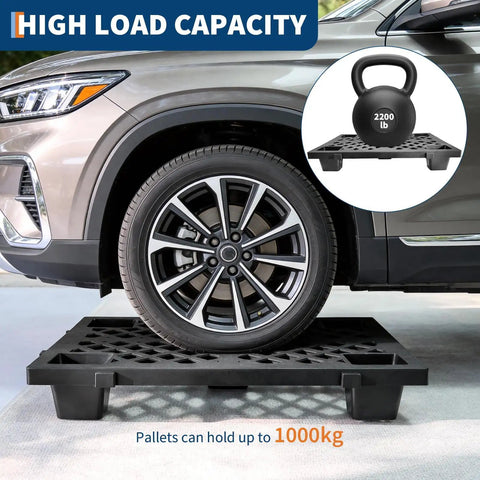 Car parked on 4 Pack Plastic Pallet With Perforated Ventilated Grid, Modular Stackable Tray, Beefy 2200 Lb Capacity Forkliftable For Garage And Workshop, Easy To Clean