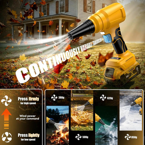 Beast Cordless Leaf And Dust Blower With 20V Battery Brushless High Speed Motor blowing leaves and dust in a garden setting