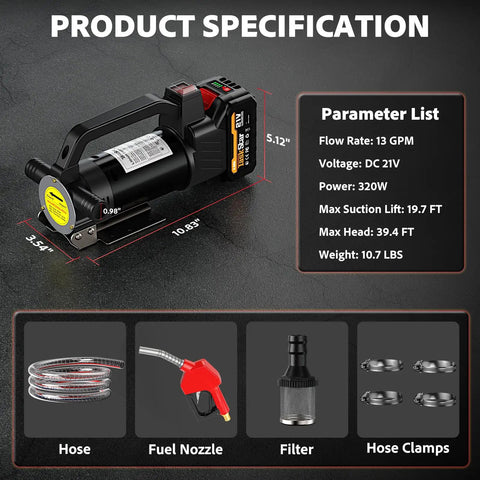 Cordless Fuel Transfer Pump 13 GPM Electric Pump With 21V 4Ah Battery And Charger, auto shutoff nozzle, hoses, and accessories