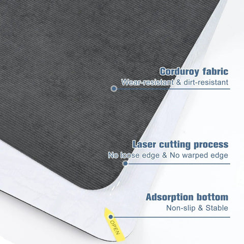 Close-up of the Corduroy Desk Chair Mat For Hardwood Floors, 55 By 35 Inches, showing non-slip adhesive back and laser-cut edges.