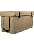 Bombproof 125 Quart Insulated Cooler Tough As Nails Rotomolded Hard Ice Chest with lid, tan, heavy duty for outdoor use.