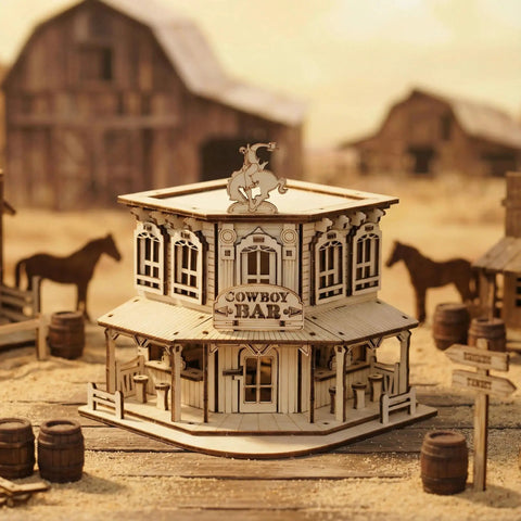 Wild West 3D Wooden Puzzle Kit For Adults And Teens, Miniature cowboy saloon desktop model, 5.91 x 5.91 x 6.3 in