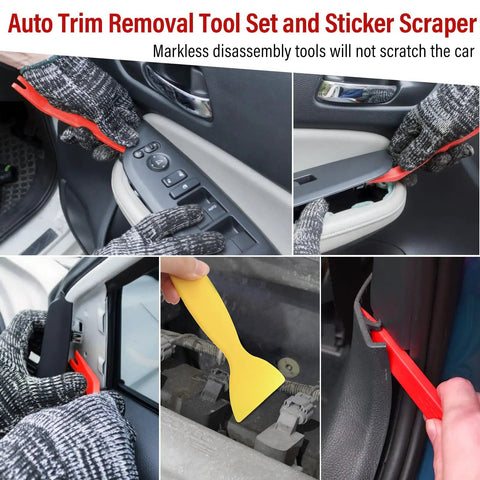 Trim Removal Tool Set With Pick And Clip Remover showcased in auto interior panel disassembly using safe nylon tools.