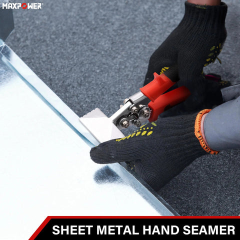 MAXPOWER sheet metal hand seamer with red handles and steel jaw bending a metal edge (side view)