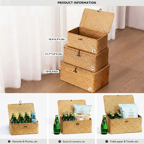 Real Deal Natural Seagrass Wicker Storage Baskets Set Of Three Hand Woven Shelf Organizers With Secure Lids For Closet Living Room Organization Eco Friendly Home Decor