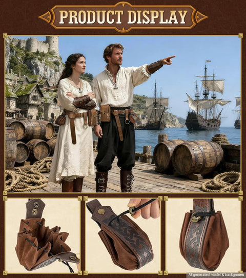 Top Shelf Medieval Adventurer Kit Beefy Leather Belt Fitted Arm Bracers Canvas Coin Purse Iron Keychain Vintage Locket Prime Gear for Halloween cosplay display