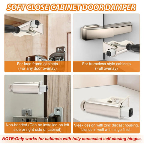Soft Close Cabinet Dampers for face frame and frameless cabinets with zinc diecast housing for smooth operation.