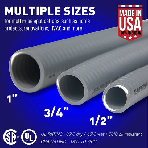 Image showing 3/4-Inch Non-Metallic Liquid-Tight Conduit Kit With 25 Foot Flexible PVC Type B Conduit Includes 4 Straight And 2 90-Degree Connectors Made In USA Easy Install Lightweight Built To Last Resists Corrosion And Oil Water Acid in multiple sizes labeled for HVAC applications.