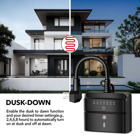 Outdoor Timer Outlet With Dusk To Dawn Sensor And Remote Control 100 Foot Range Waterproof 3 Grounded Outlets 15A ETL