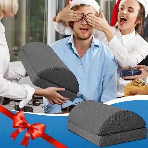 Under Desk Foot Rest For Work And Gaming With Non Slip Bottom Two Adjustable Heights And Removable Cover Comfortable Gray Foot Rest shown in holiday setting.