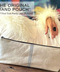 The Original Wand Pouch Storage Case with striped design on table, fits full-size wand massagers, room for chargers and accessories.