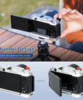 Hand Grip For Fujifilm X M5 Camera With L Shape Bracket Built In Arca Quick Release Plate And Battery Access in use on tripod