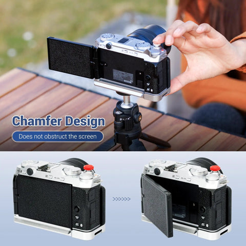 Hand Grip For Fujifilm X M5 Camera With L Shape Bracket Built In Arca Quick Release Plate And Battery Access in use on tripod