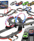3 In 1 Slot Car Race Track Set With 4 High Speed Cars Includes Circular Overpass And Flash Tracks 1 To 43 Scale Remote Control Racing Easy Build Auto Lap Counter Perfect Gift For Adults And Kids 6 7 8 9 10 12 Year Olds Fam Friendly Fun on display with LED cars and controllers.