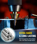 Titanium Coated Step Drill Bit Set With Automatic Center Punch for Sheet Metal in action on metal surface