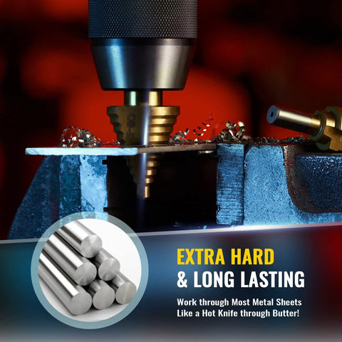 Titanium Coated Step Drill Bit Set With Automatic Center Punch for Sheet Metal in action on metal surface