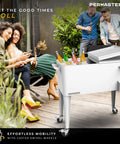 Spacious 80 Quart Party Cooler With Divider And Serving Tray Rolling Ice Chest Keeps Drinks Cold For 36 Hours in matte white on patio