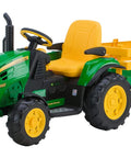 Green and yellow ride-on tractor with trailer for kids, compatible with 12 Volt Tractor Motor And Gearbox Replacement Kit Plug And Play.