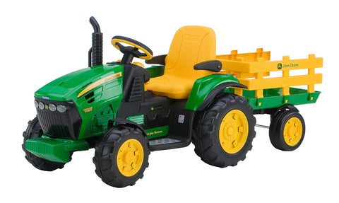 Green and yellow ride-on tractor with trailer for kids, compatible with 12 Volt Tractor Motor And Gearbox Replacement Kit Plug And Play.