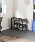 Two Tier 20 Inch Dumbbell Rack With Adjustable Bar Width That Fits Dumbbells Kettlebells And Plates Built Tough Steel Holds Up To 250 Pounds Anti Wobble Design in a home gym setting.