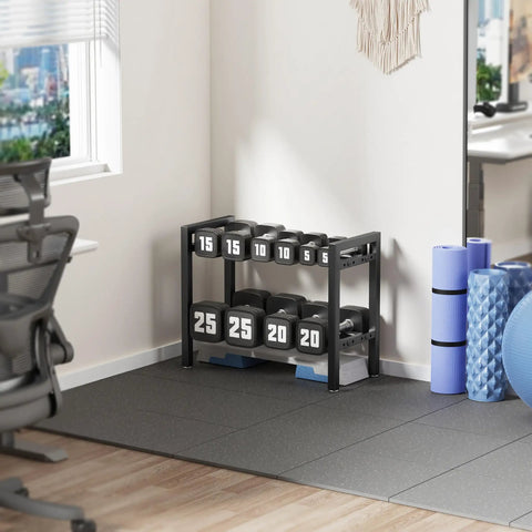 Two Tier 20 Inch Dumbbell Rack With Adjustable Bar Width That Fits Dumbbells Kettlebells And Plates Built Tough Steel Holds Up To 250 Pounds Anti Wobble Design in a home gym setting.