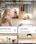 Rechargeable Wireless Puck Lights With Remote Control, Sweet Smooth Glow Under Cabinet Lighting, 3 Color Dimmable Peel And Stick Pad For Kitchen Counter Closet Shelf 2 Pack, remote and touch control display.