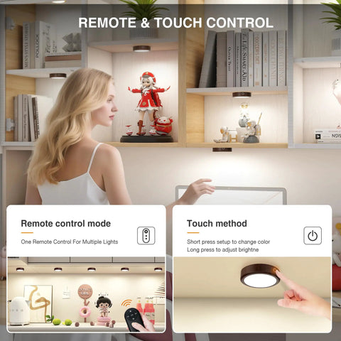 Rechargeable Wireless Puck Lights With Remote Control, Sweet Smooth Glow Under Cabinet Lighting, 3 Color Dimmable Peel And Stick Pad For Kitchen Counter Closet Shelf 2 Pack, remote and touch control display.