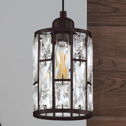 Close-up of Three Pack Crystal Shade Pendant Lights for Kitchen Island Chrome Finish 4.75 Inch Hanging Fixture, showcasing crystal details.