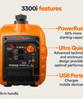 Front view of 3,300 Watt Gas Powered Portable Inverter Generator For Home Backup Camping Trips And RV Use With TruePower Clean Power