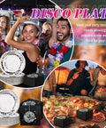 Disco Party Plates And Napkins Set For 100 Guests With Disco Ball Design, showing plates, napkins, and a festive celebration scene.