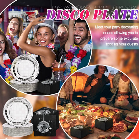 Disco Party Plates And Napkins Set For 100 Guests With Disco Ball Design, showing plates, napkins, and a festive celebration scene.