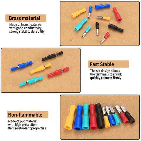 200 Pcs Bullet Connectors Set Male And Female 22 16AWG Insulated Splice Terminals showing assorted colors and brass finish.