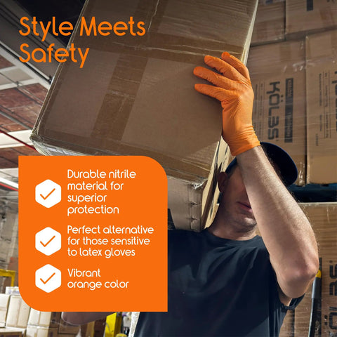 Heavy Duty Orange Nitrile Gloves With Ultra Thick 8 Mil Diamond Textured Grip For Industrial Mechanics And Cleaning Latex Free Disposable Gloves Large Size 1000 Count worn by a person lifting a cardboard box in a warehouse.