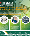 Infographic of HOQIWILD Safety Glasses, highlighting product quality, customer service, and thoughtful design with factory source pricing advantages.
